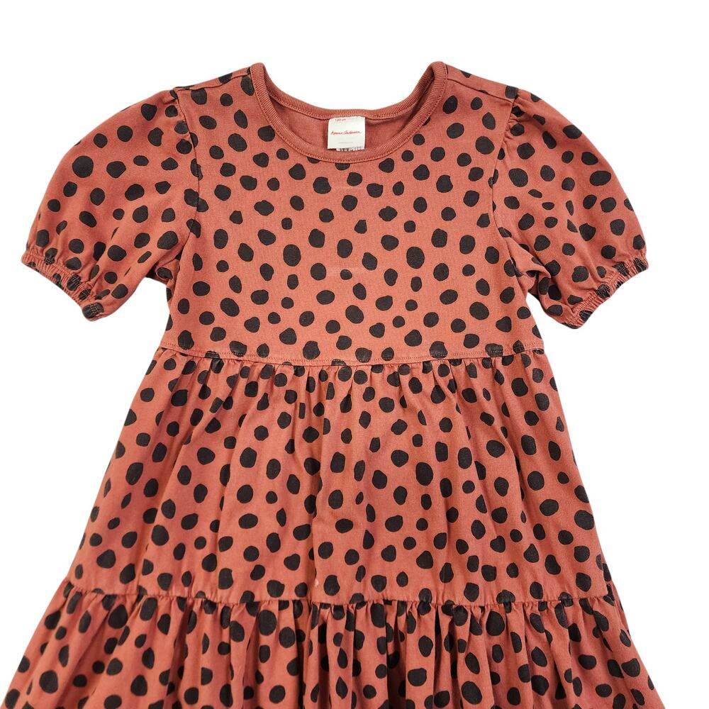 Hanna Andersson Girls Animal Print‎ Polka Dot Tiered Dress Size 6-7 Rust Brown - Picture 2 of 10